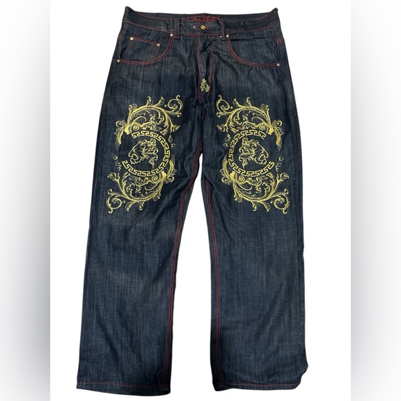 Cezer Jeans Mens 42 x 33 Studed Blue Denim Baggy Hip Hop Embroidered 90s - Picture 1 of 16